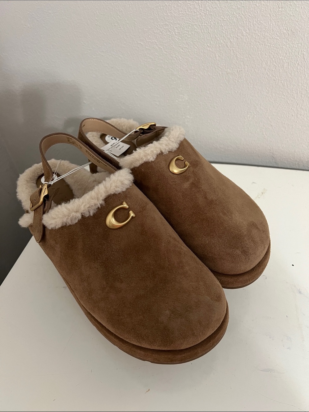 Coach Chestnut Suede Shearling-Trim Clog Mules